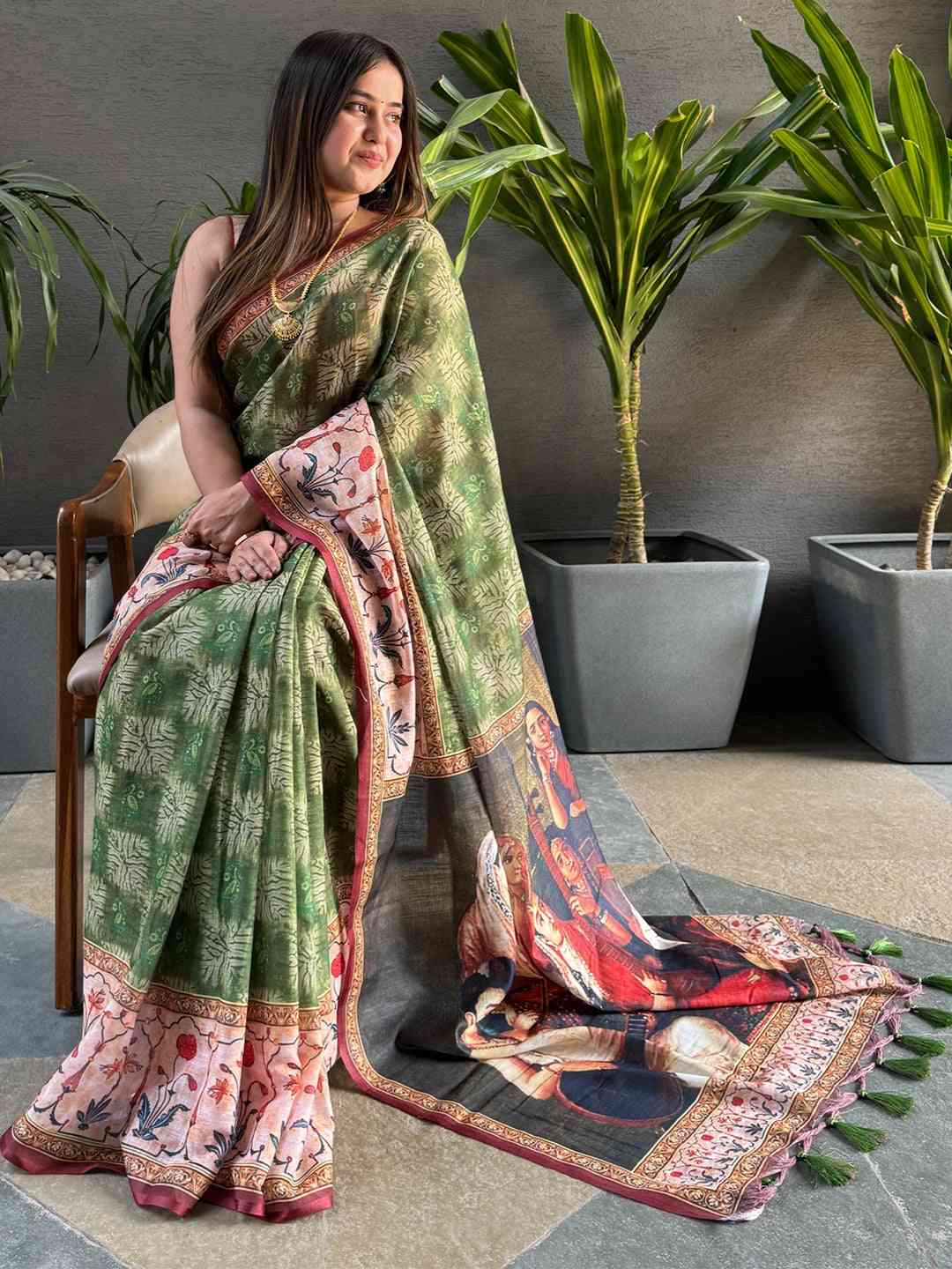 Green Colour Block Print Saree With kalamkari Print Pallu by My Store