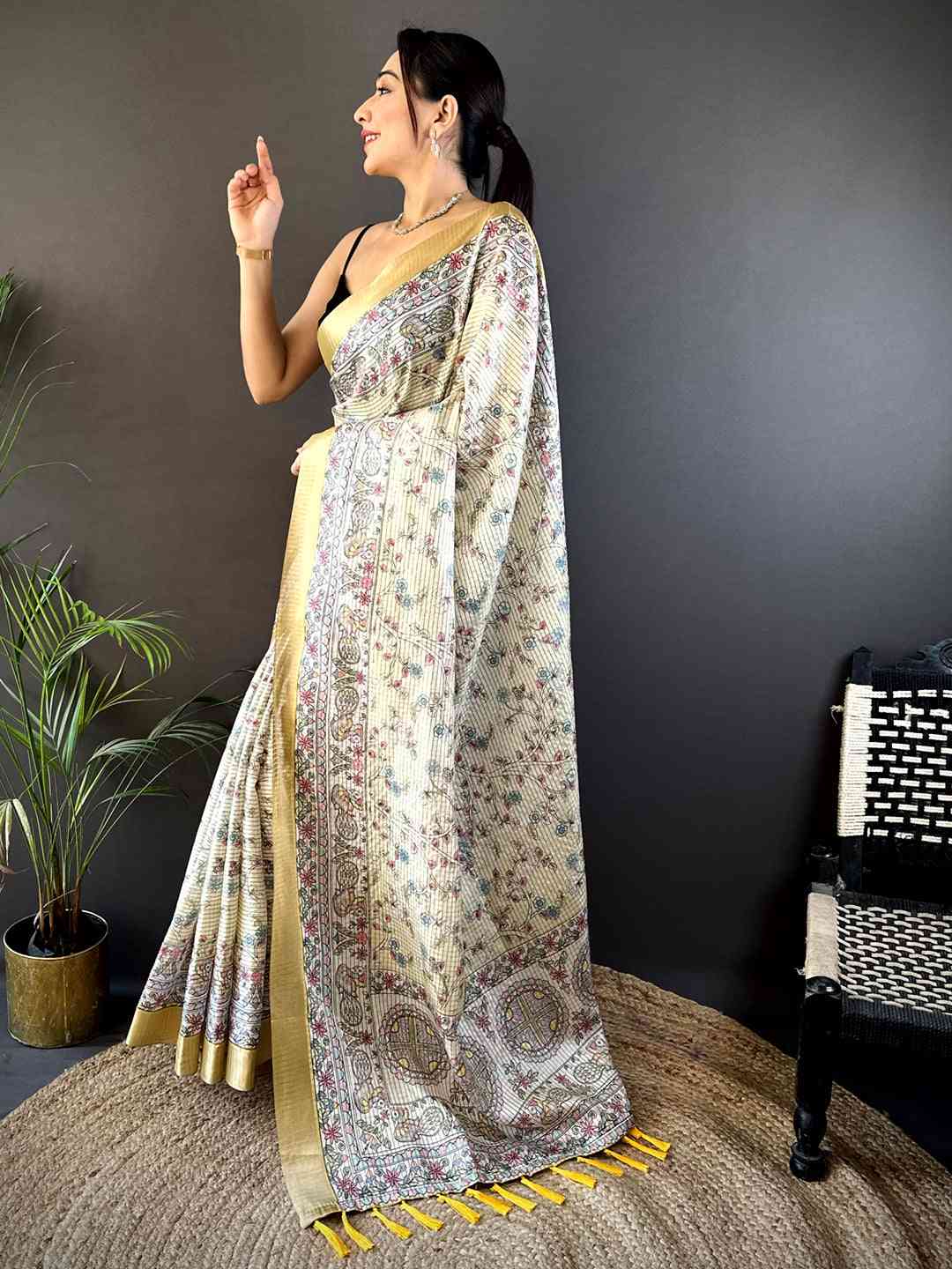 Off White Chanderi Madhubani Black Chex Saree by My Store