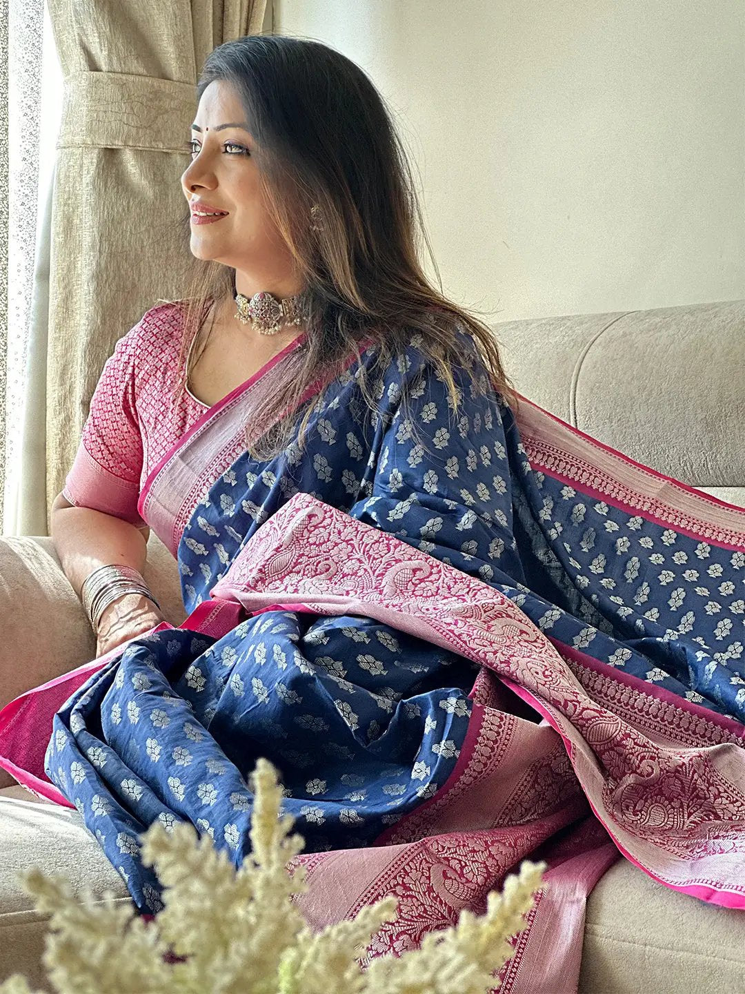 Blue Banarasi Katan Silk Butti Saree