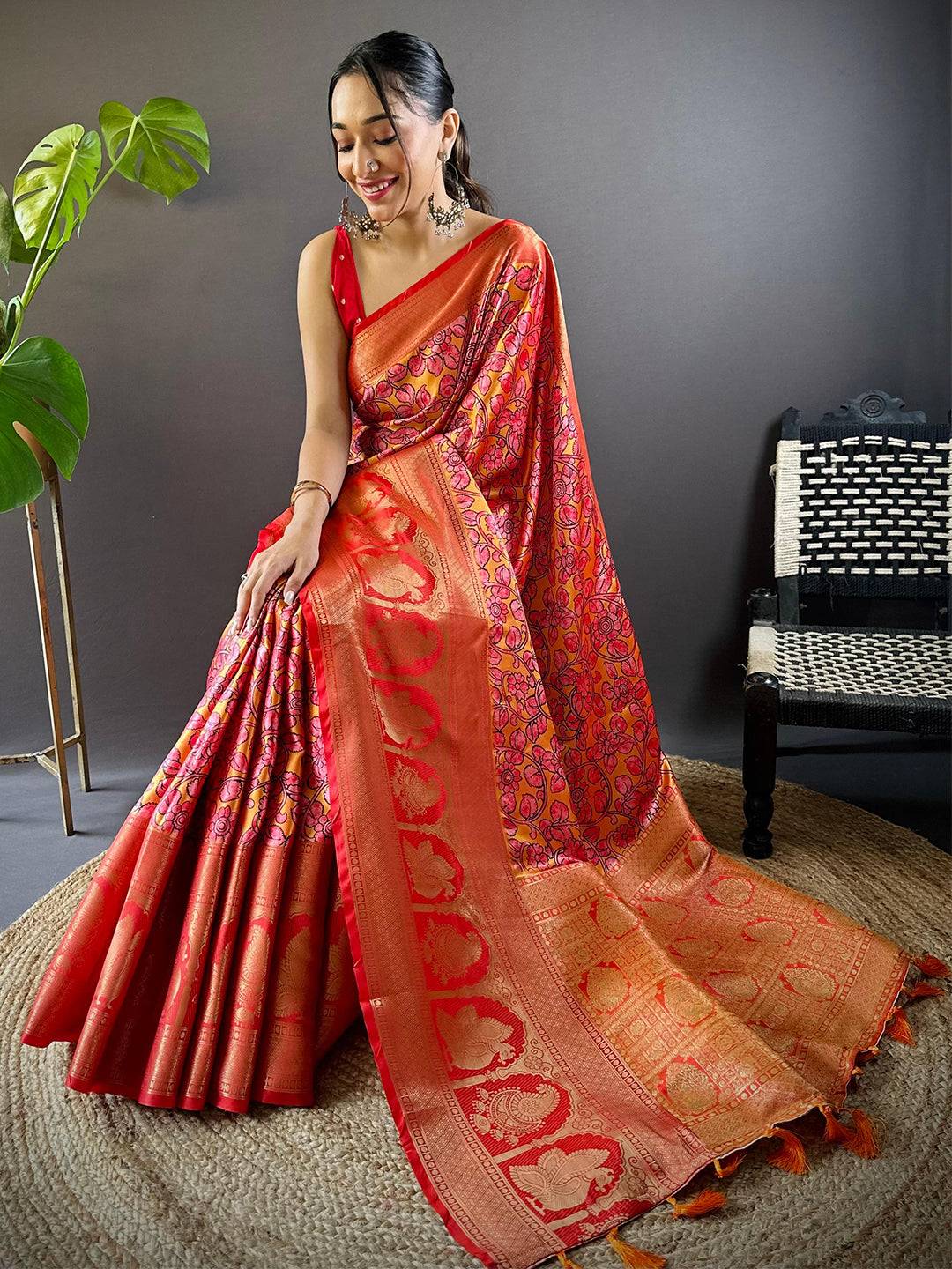 Yellow Charry Satin Floral Saree
