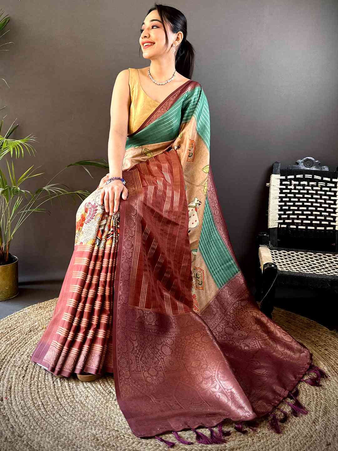 Green Soft Crep Silk Ombre Print Saree by My Store