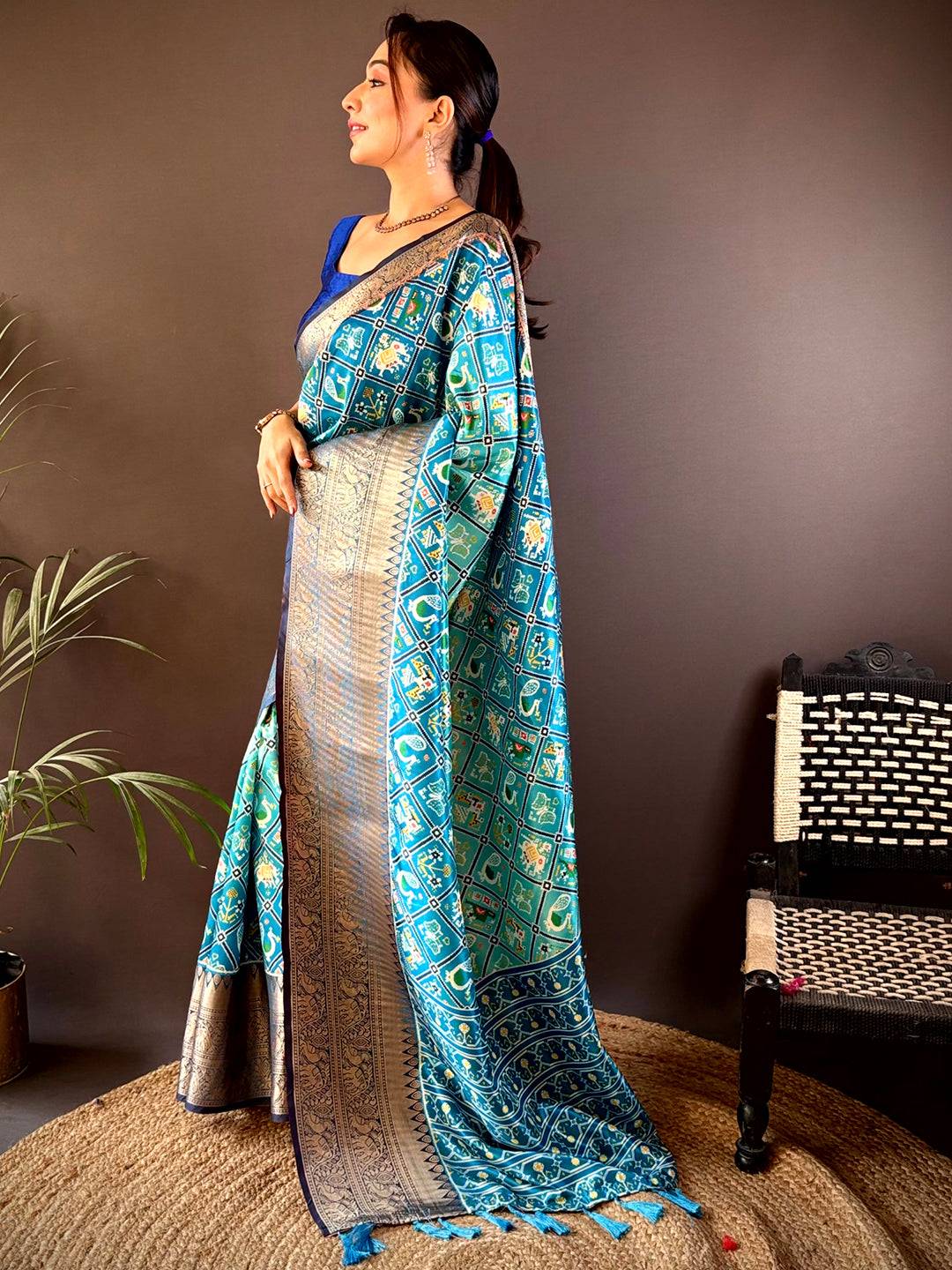 Ombre Sky Blue Soft Silk Patola Print Saree by My Store