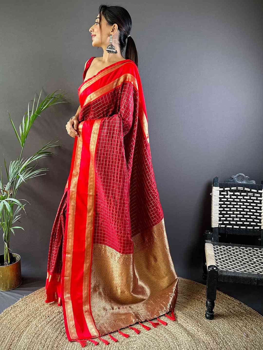 Maroon Silk Woven Kanchi Banarasi Saree by My Store