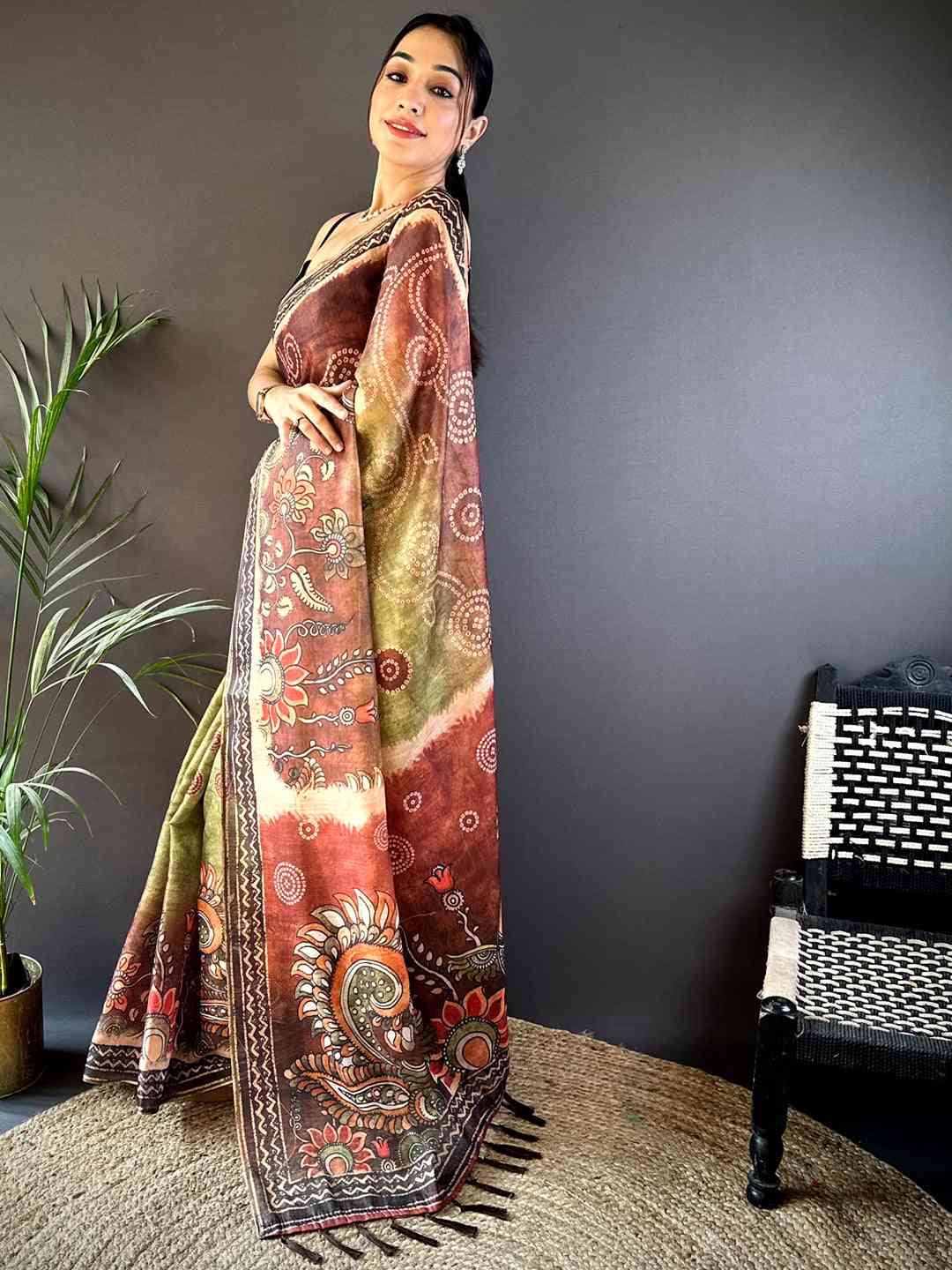 Olive Kalamkari Bandhani Chanderi Saree by My Store