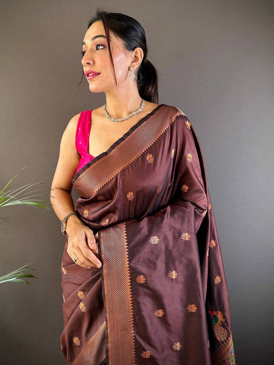 Copper Allure Soft Silk Brown Saree by My Store