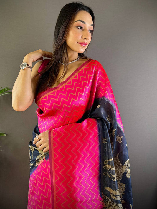 Pink Heritage Weave Kalamkari Soft Silk Saree by My Store