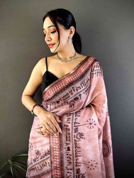 Dusty Rose Warli Print Tissue Chanderi Saree by My Store