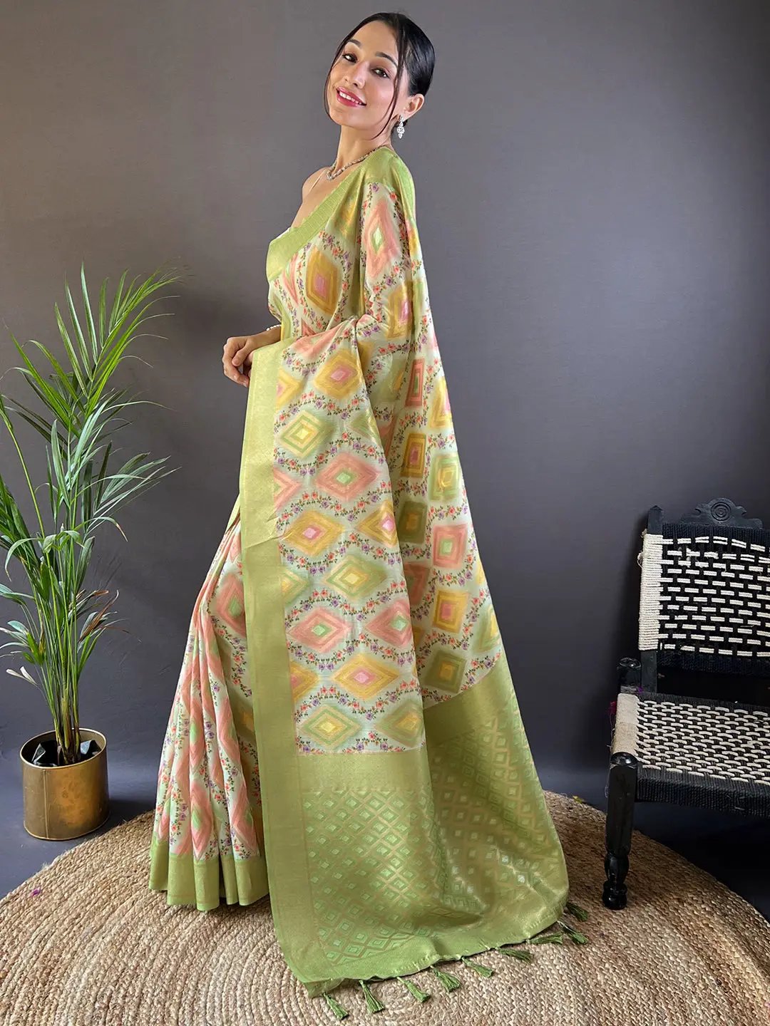 Jade Green Flower Vely Print Saree by My Store