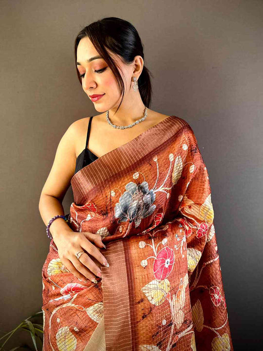 Brown Chex Kalamkari Floral Print Saree by My Store