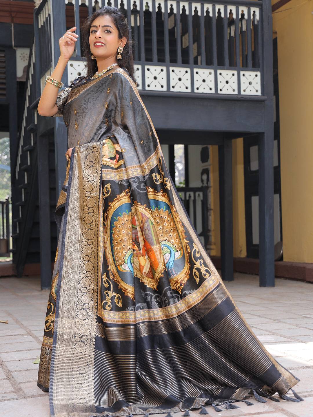 Pure Viscose Dola Silk Saree With Zari Weaving Pallu In Grey Colour - Luxe by My Store