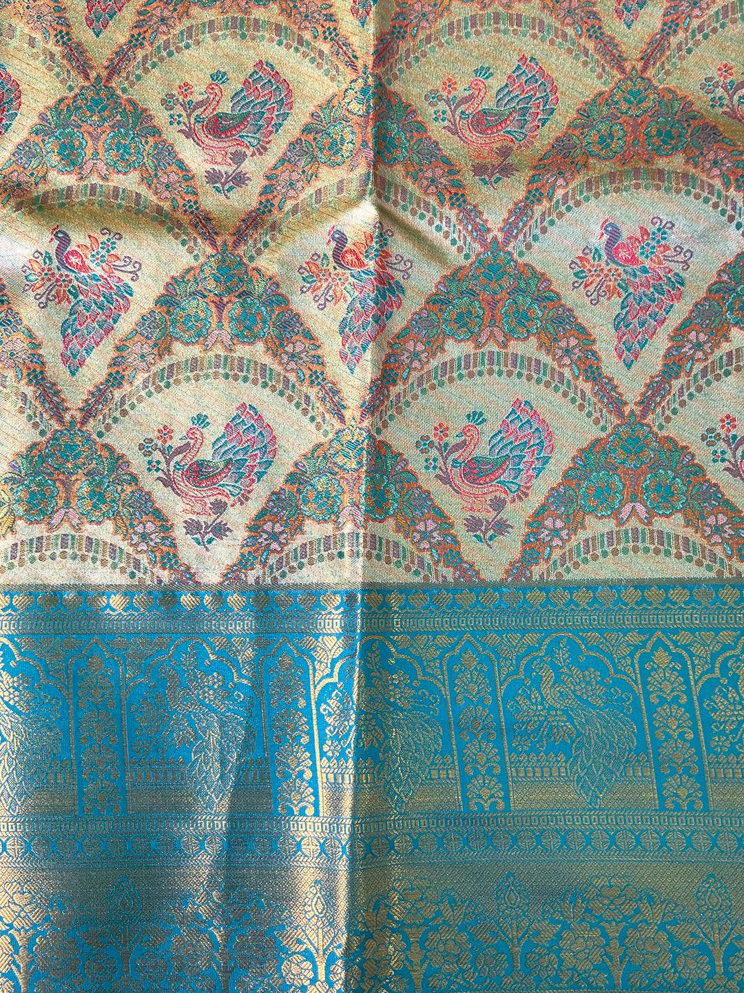 Majestic Rama And Gold Peacock Saree by My Store