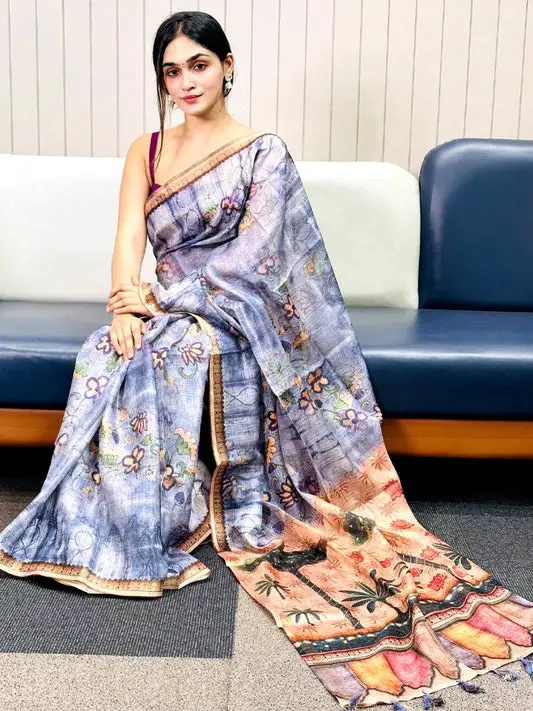 Blue Kota Doriya Silk Saree With Floral Print