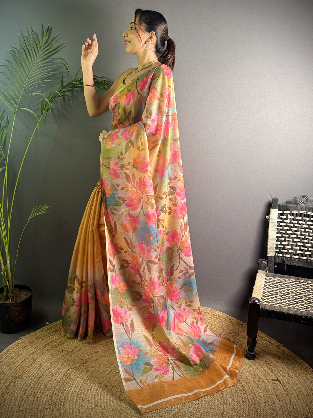 Mustard Yellow Linen Juth Digital Print Saree by My Store