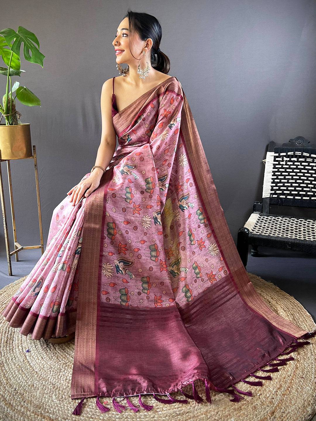 Brown Kalamkari Tussar Silk Saree by My Store