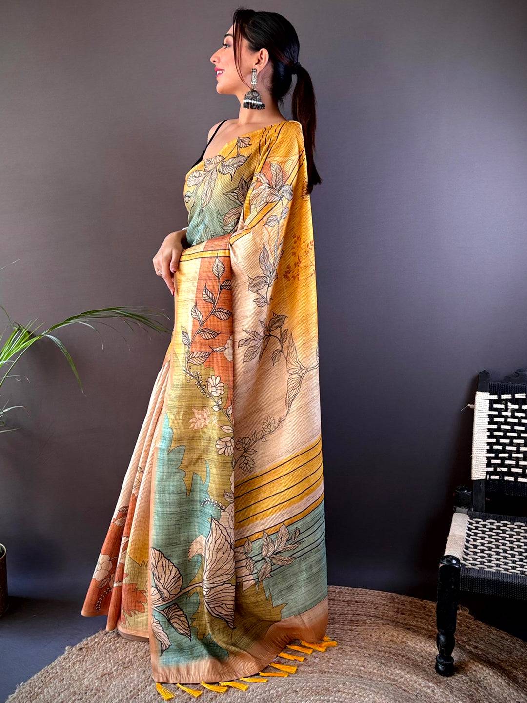 Yellow Abstract Floral Zari Tussar Saree