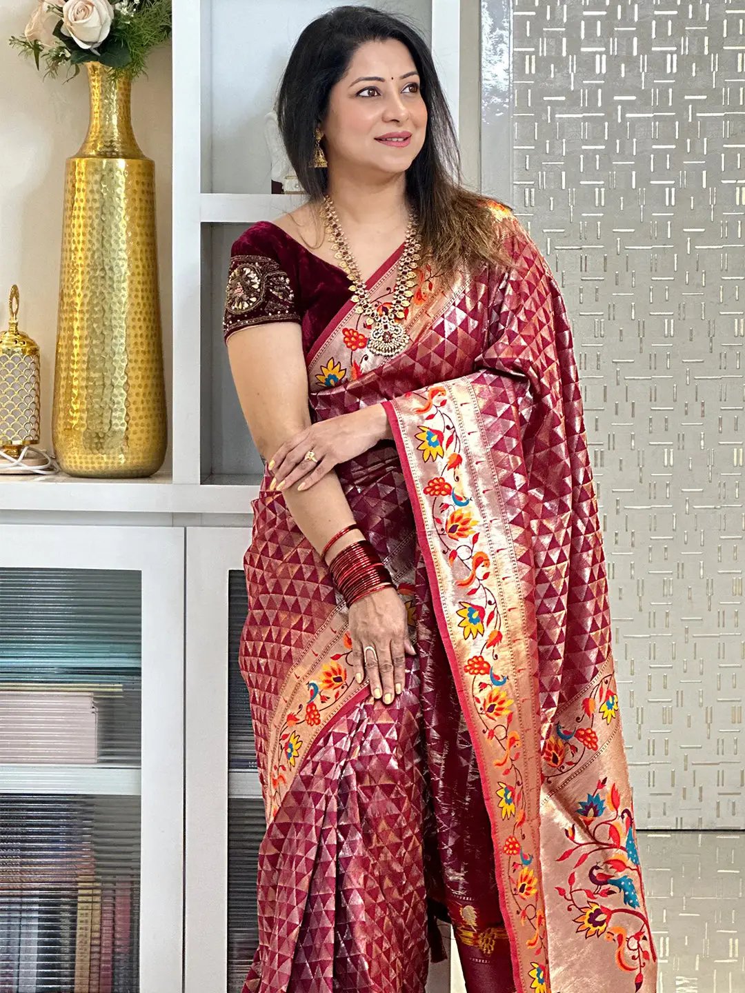 Wine Silk Blend Woven Zari Work Paithani Saree