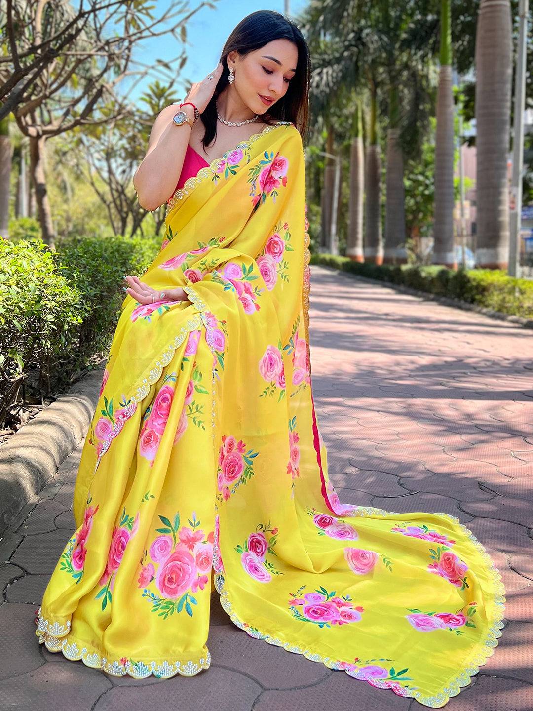 Yellow Pure Satin Georgette with Zircon Swarovski Border Saree