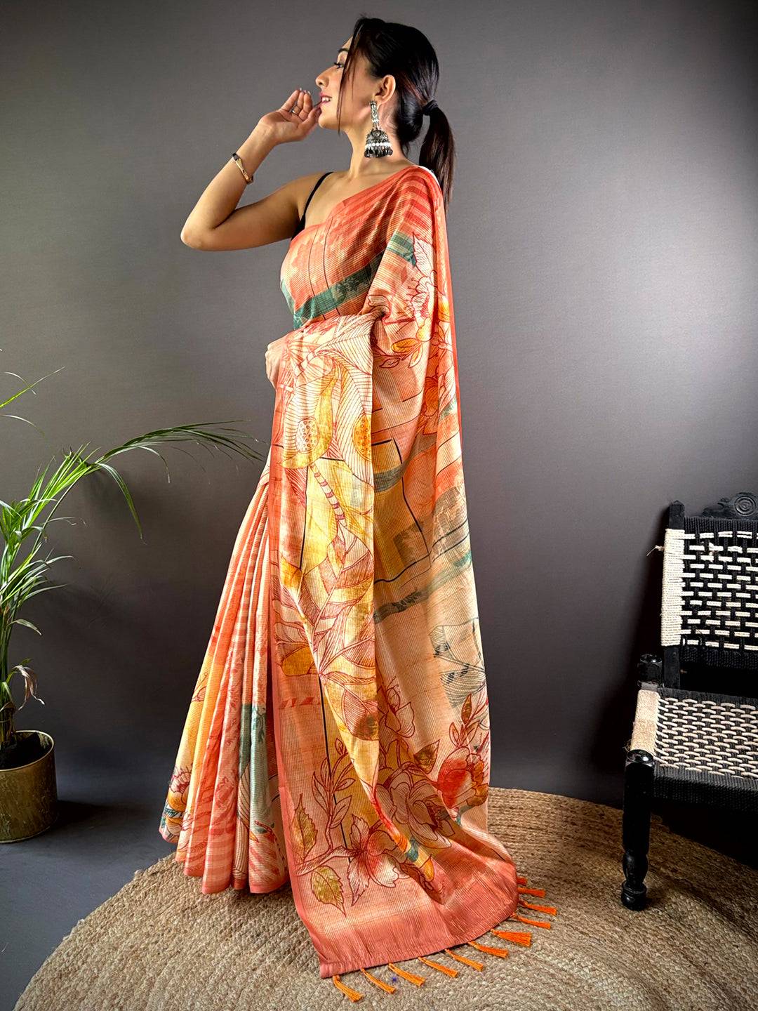 Orange Tussar Silk Lush Botanical Prints Saree by My Store