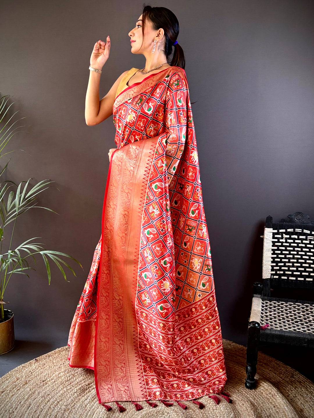 Ombre Red Soft Silk Patola Print Saree by My Store