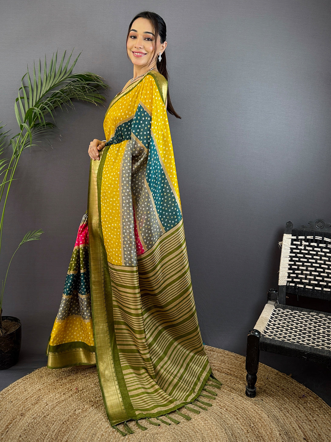 Olive Soft Dola Bandhej Print Saree by My Store