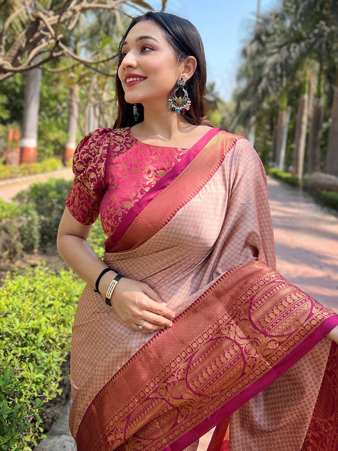 Brown Aura Soft Silk Saree With Kanjivaram Weaving Broced Zari Blouse by My Store