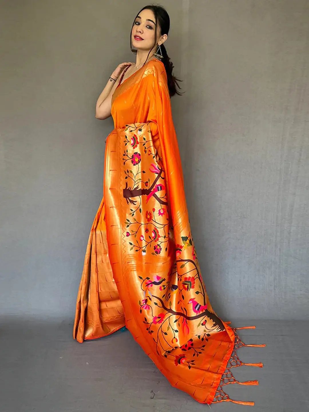 Orange Paithani Big Border Zari Woven Saree by My Store