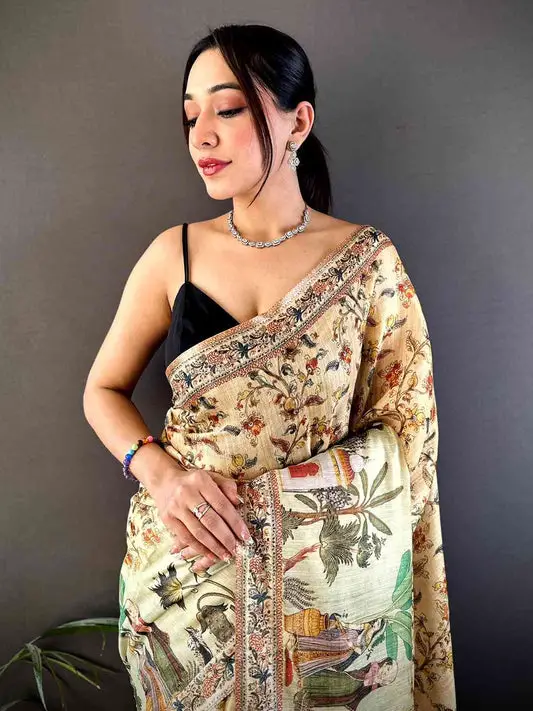 Beige Tussar Pashmina Kalamkari Saree