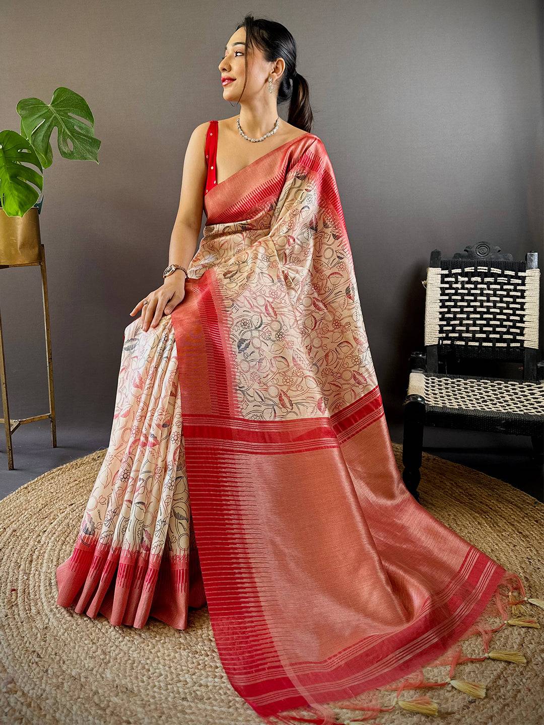 Off White Floral Tussar Silk Saree by My Store