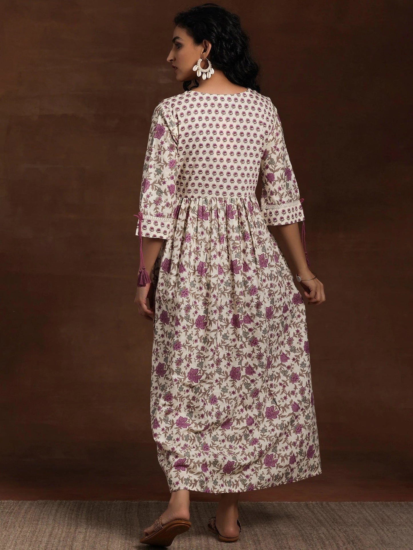 Off White Printed Cotton Fit and Flare Dress by My Store