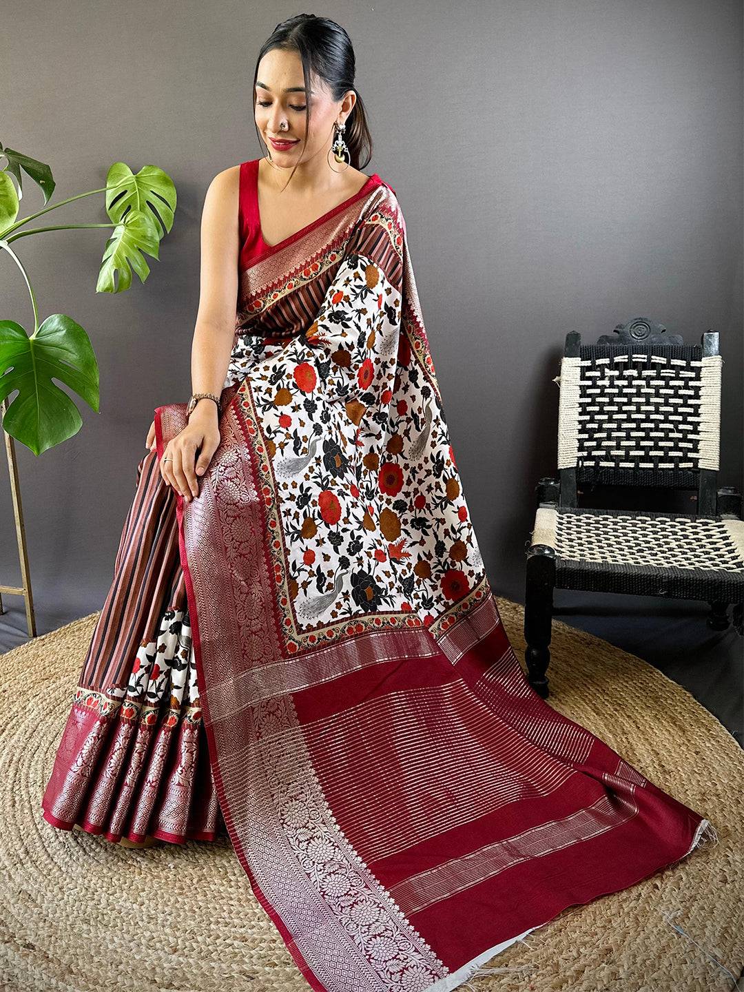 Brown Floral Peacock Fusion Saree by My Store