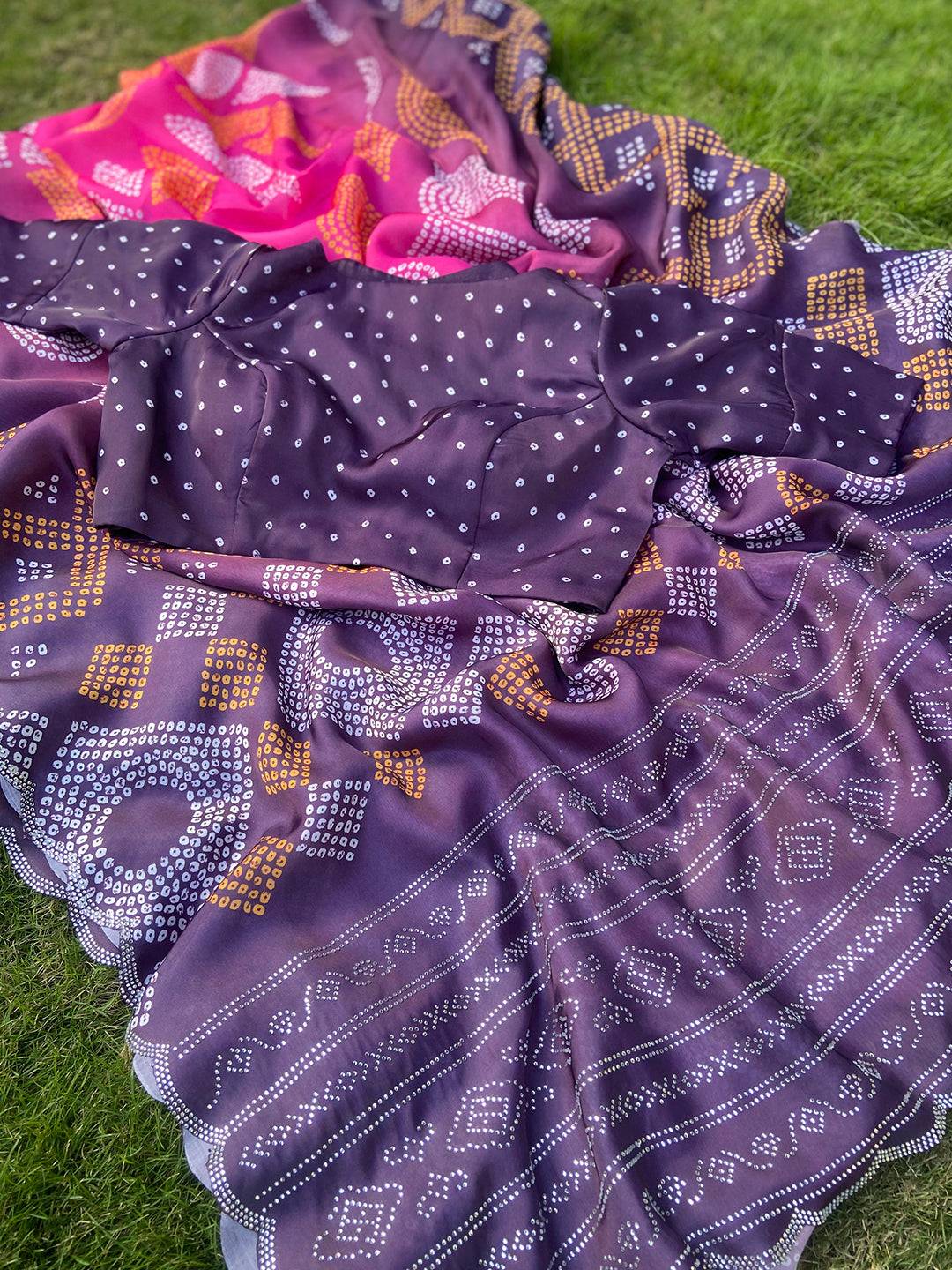 Magenta Georgette Silk Saree with Ombre Bandhej Print & Swaroski Stone Work by My Store