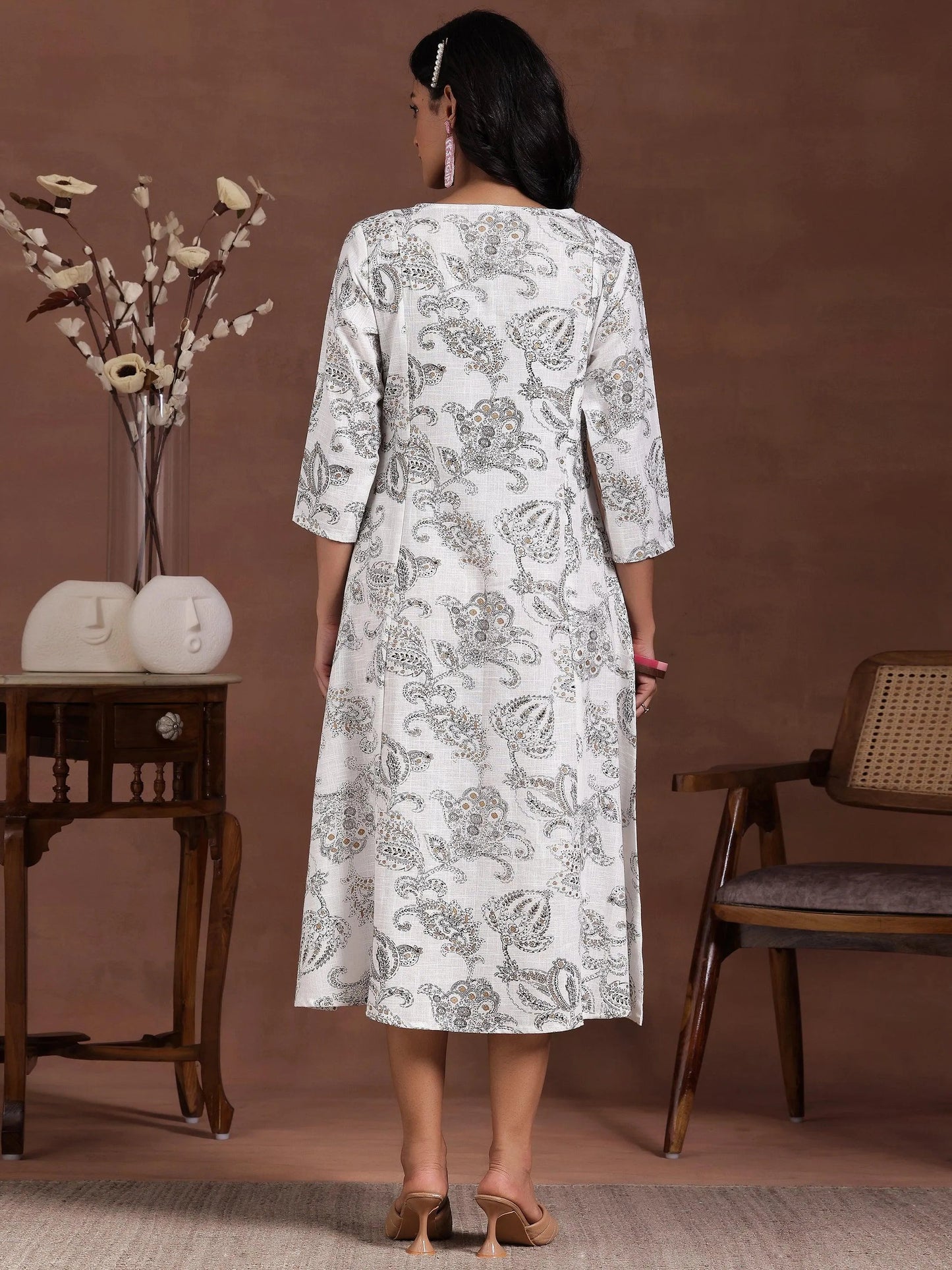 White Printed Cotton A-Line Dress