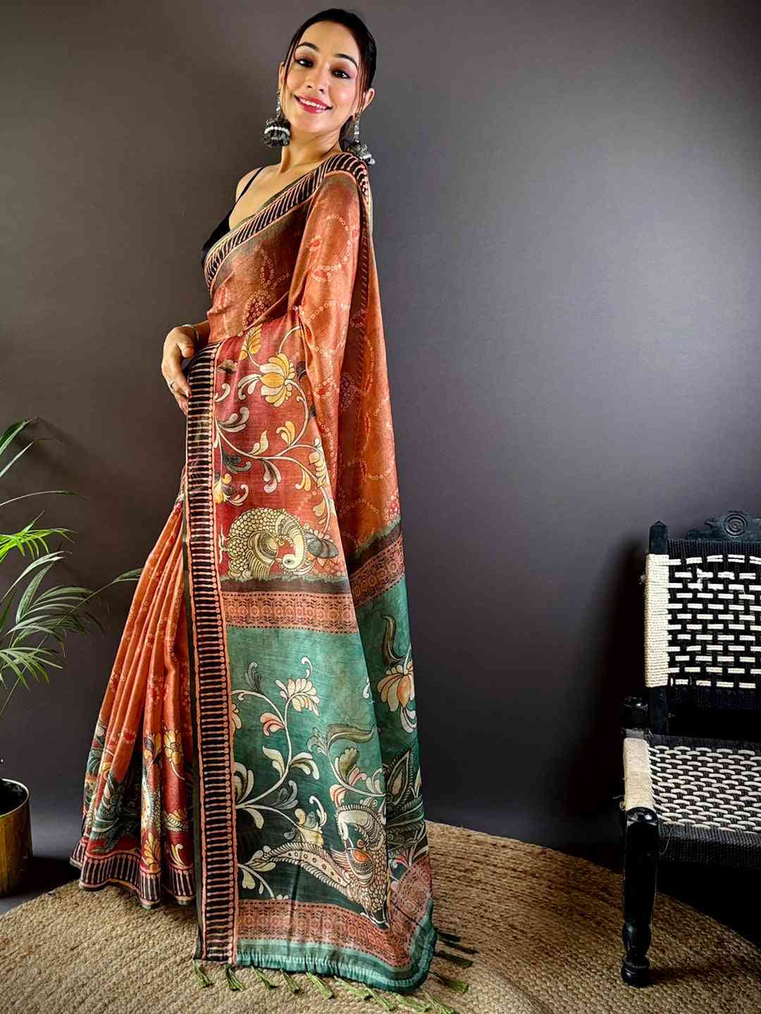 Light Brown Floral Chanderi Saree by My Store