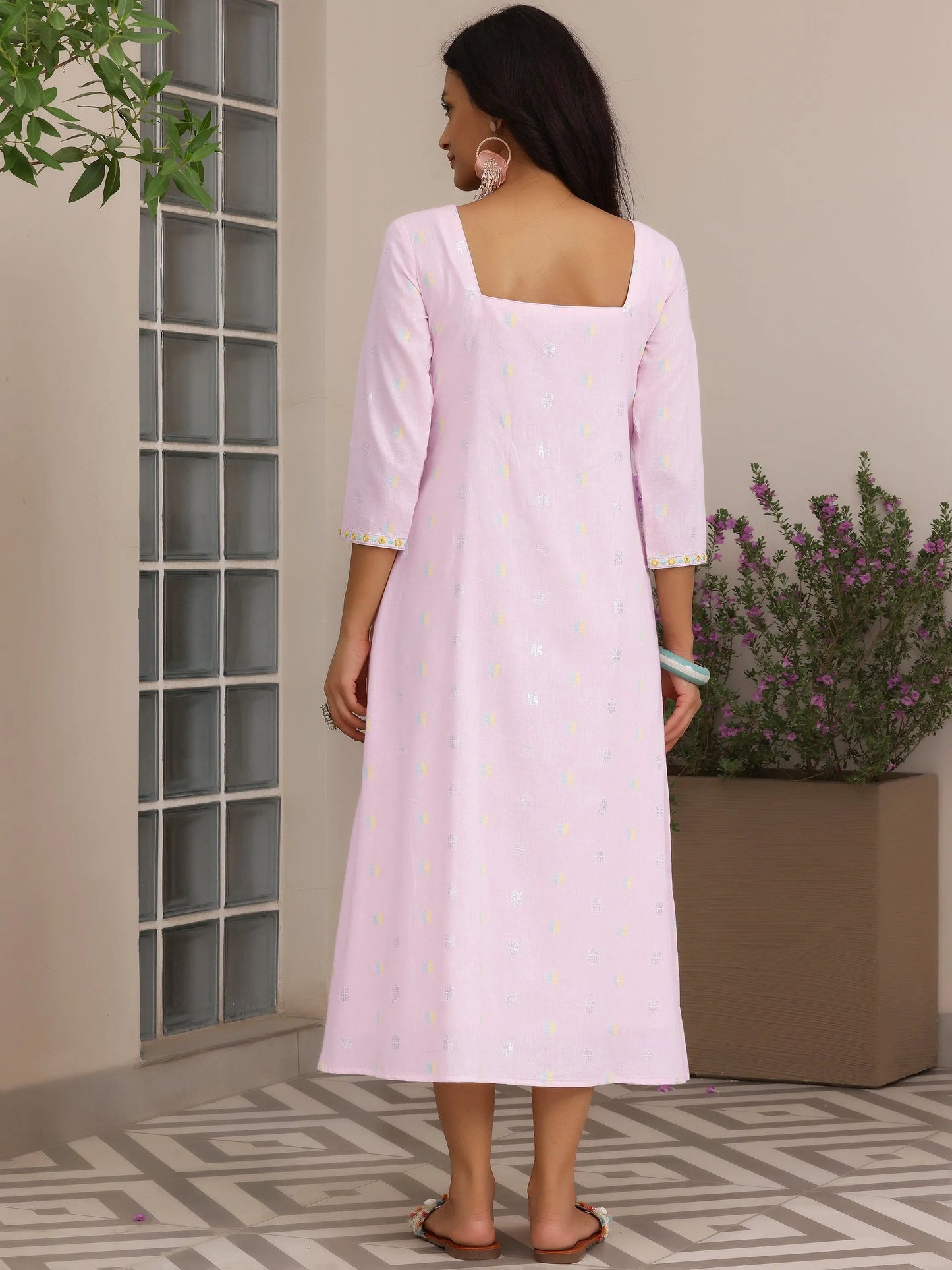 Pink Self Design Cotton A-Line Dress by My Store