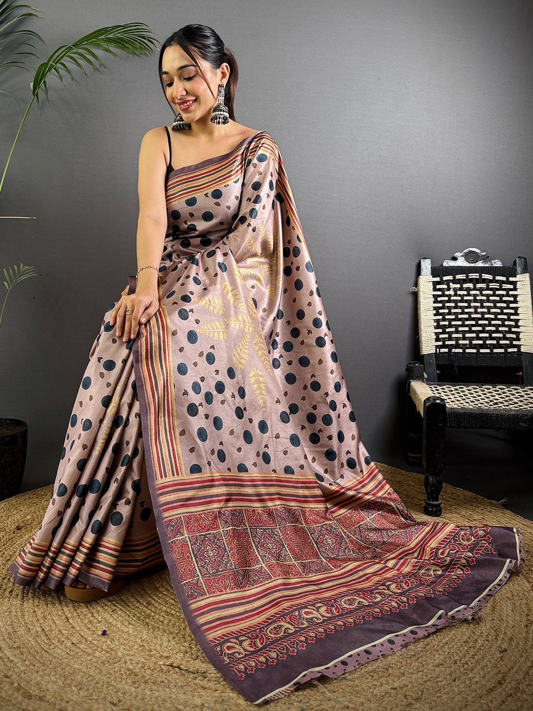 Mauve Soft Dola Silk Printed Saree by My Store