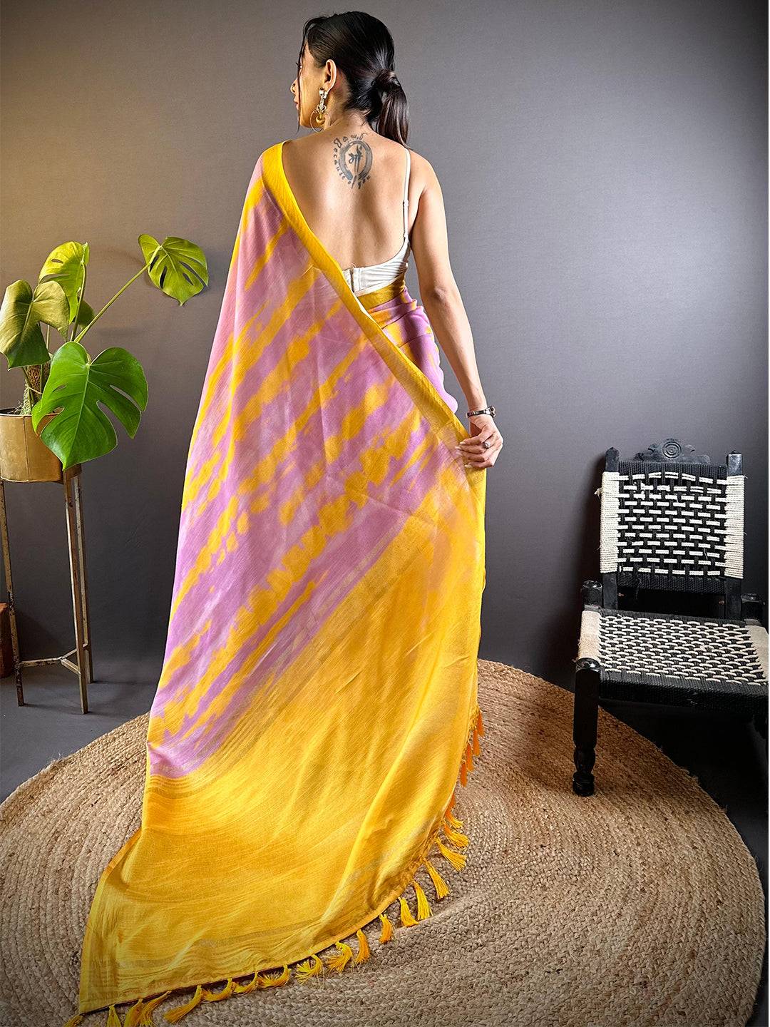 Lavender Shibori Print Linen Saree by My Store