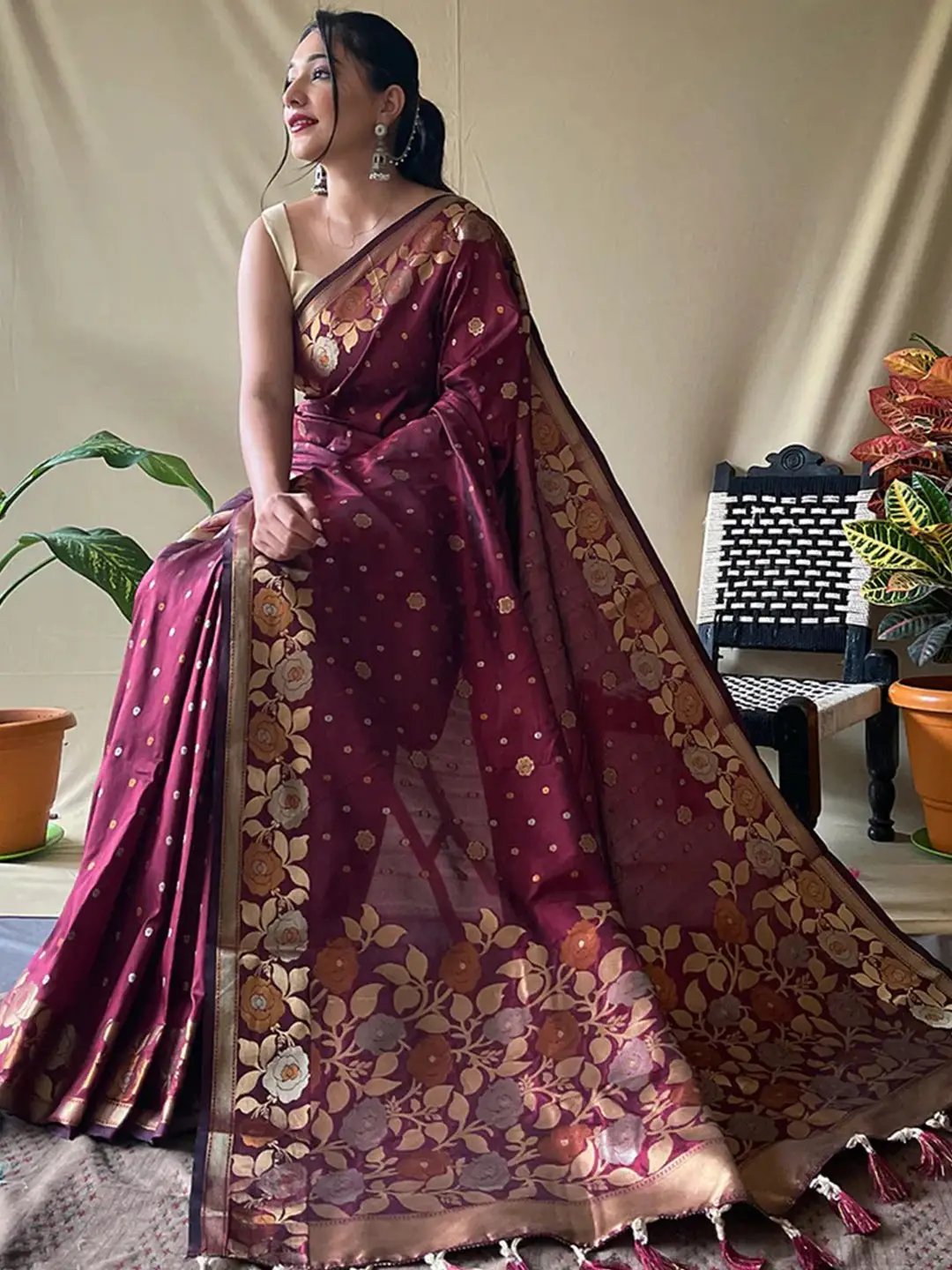 Wine Colour Banarasi Silk Zari Woven Saree