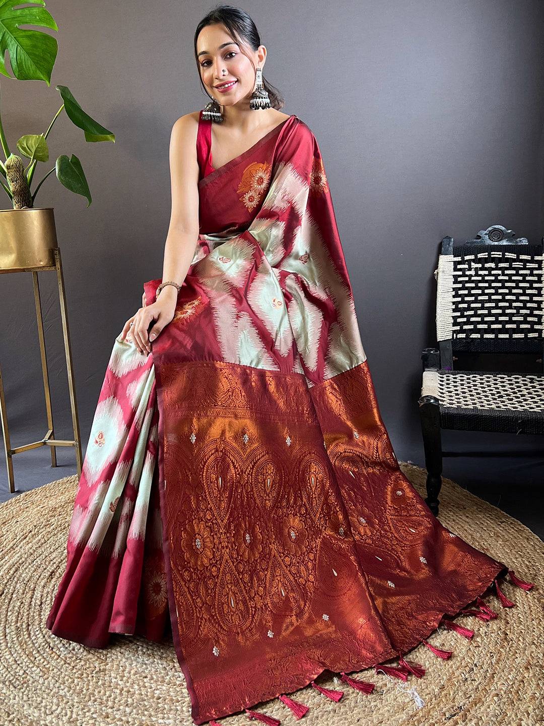 Maroon Tussar Silk Ikkat Weaving Saree by My Store