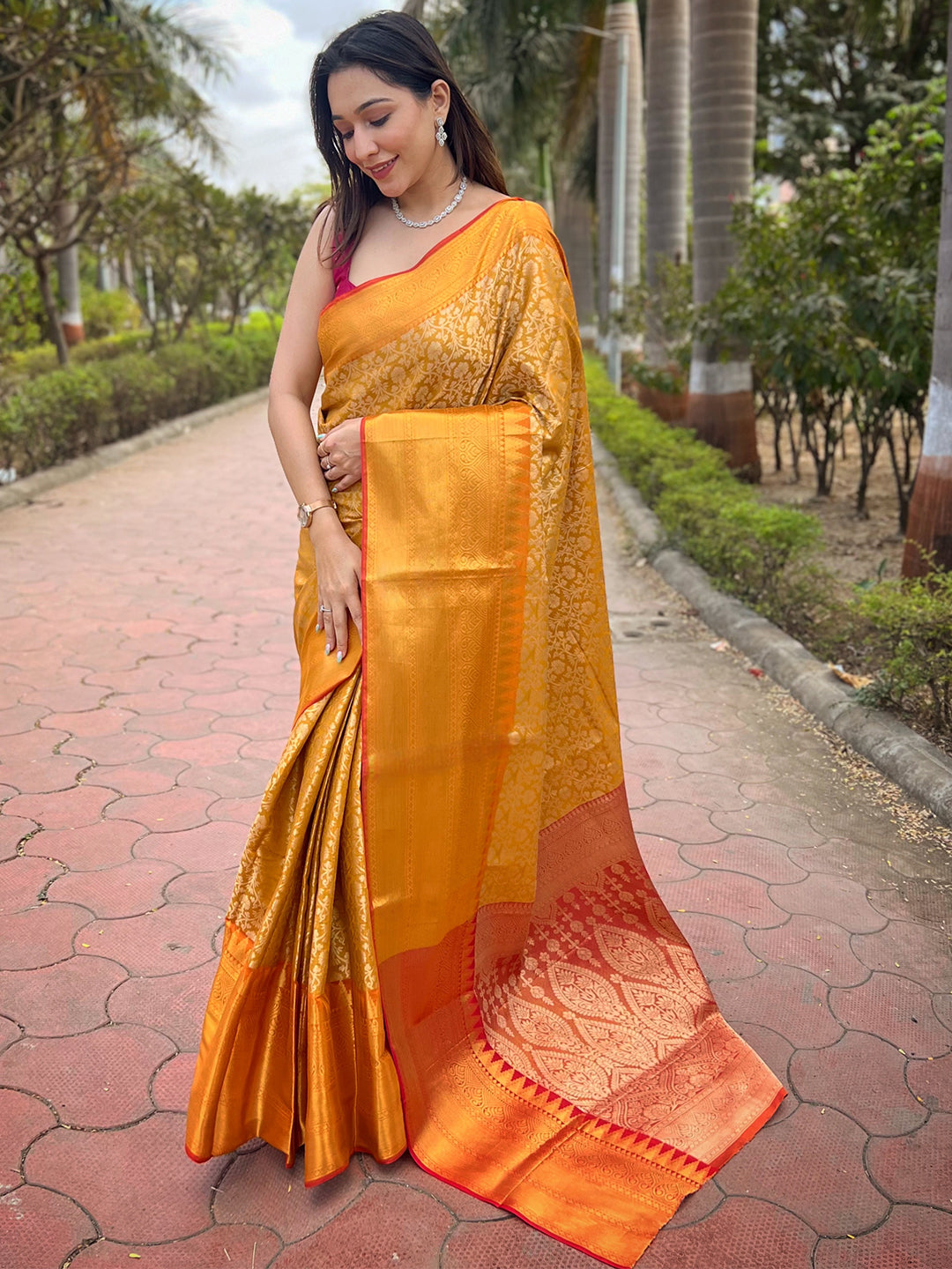 Yellow Colour One Gram Gold Tissue Saree With Jacquard Woven Work