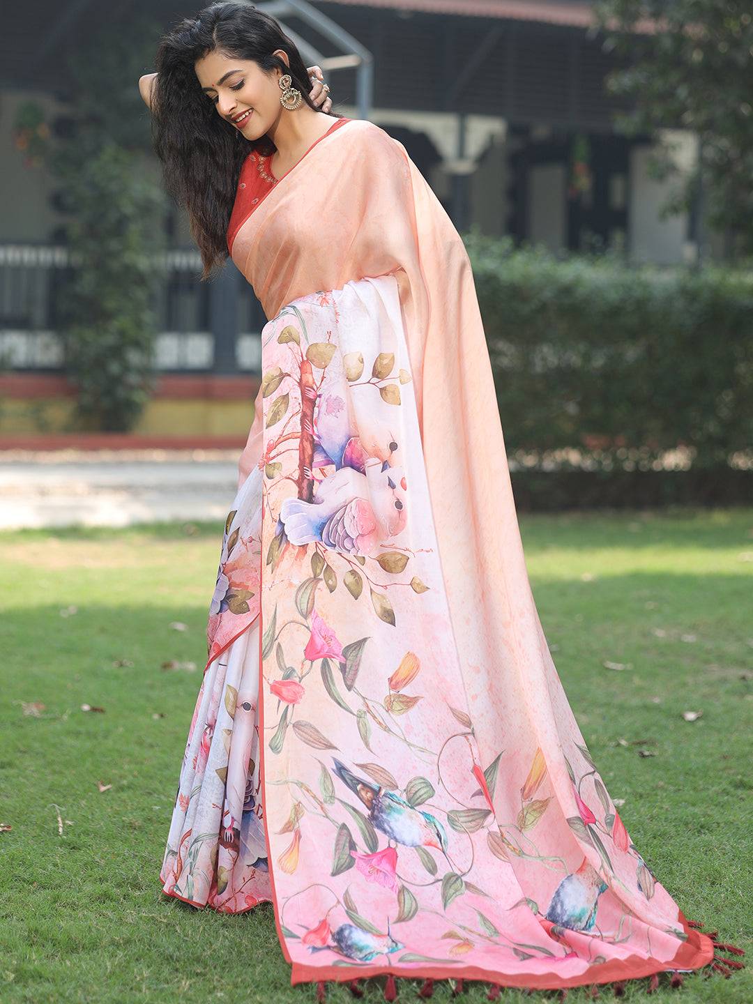 Satin Georgette Peach Colour Hand Print Saree - Luxe by My Store