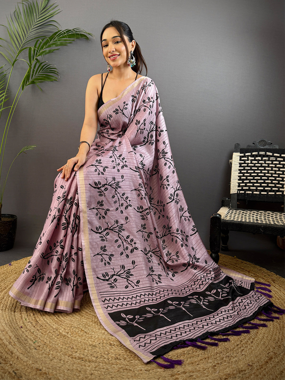 Lavender Ghicha Leaf Print Saree by My Store