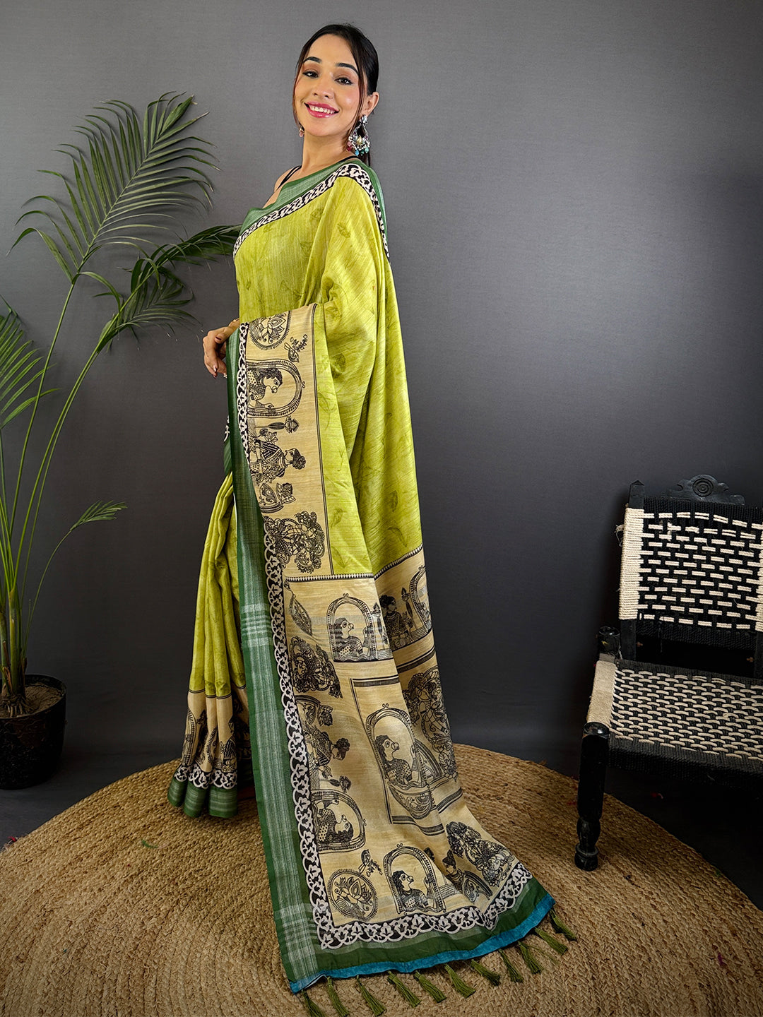 Olive Linen Kalamkari Printed Saree by My Store