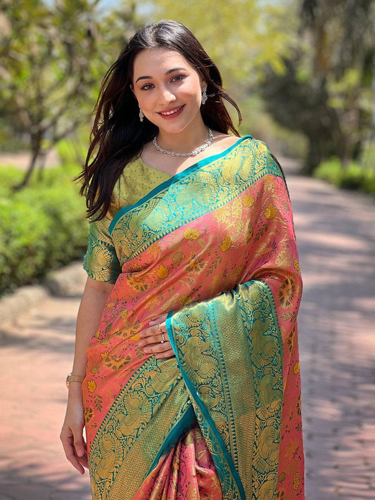 Pink Colour Banarasi One Grm Tissue Silk Festive Wear Saree by My Store