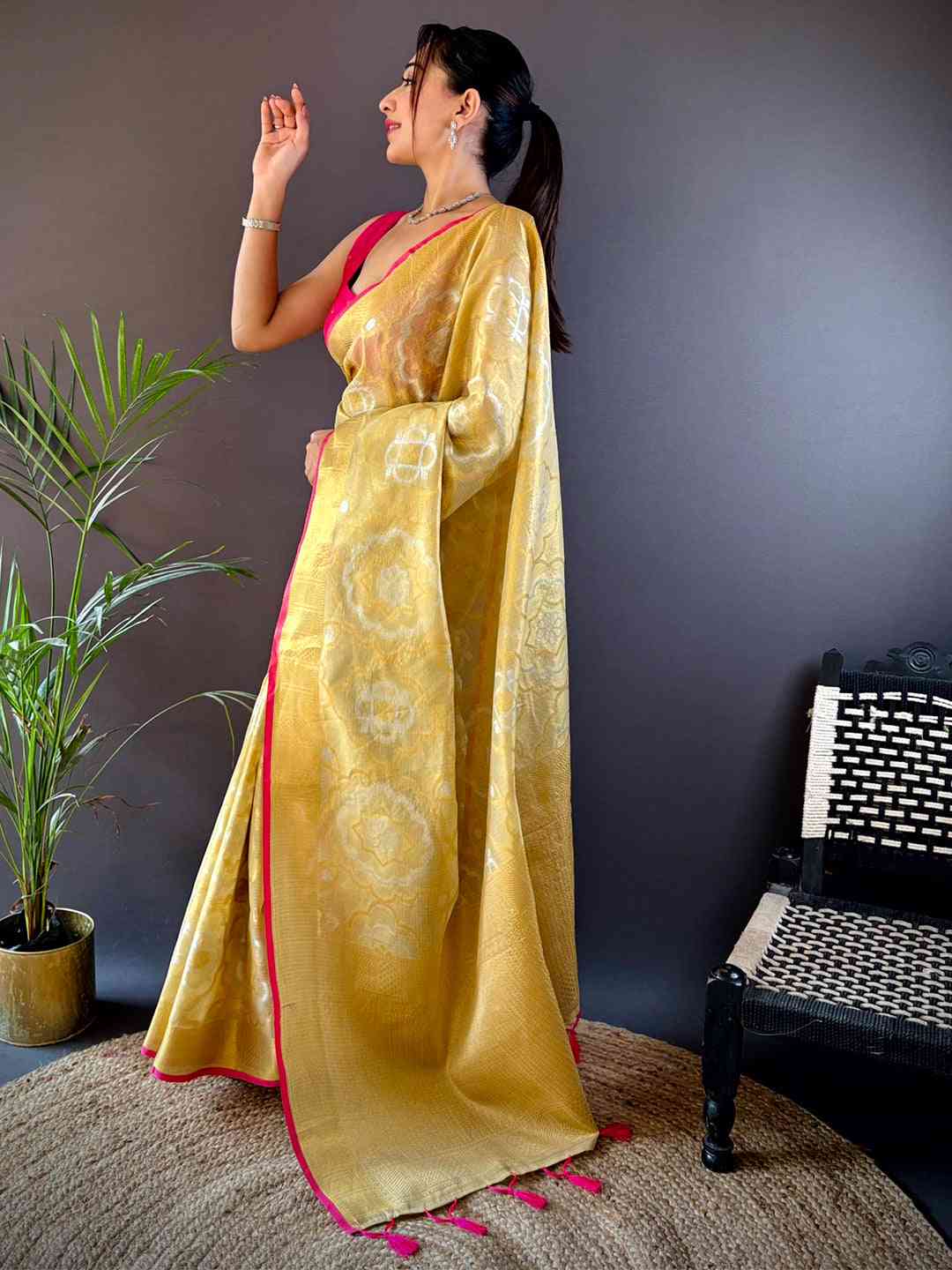 Minakari Floral Saree With Pink Tassels by My Store