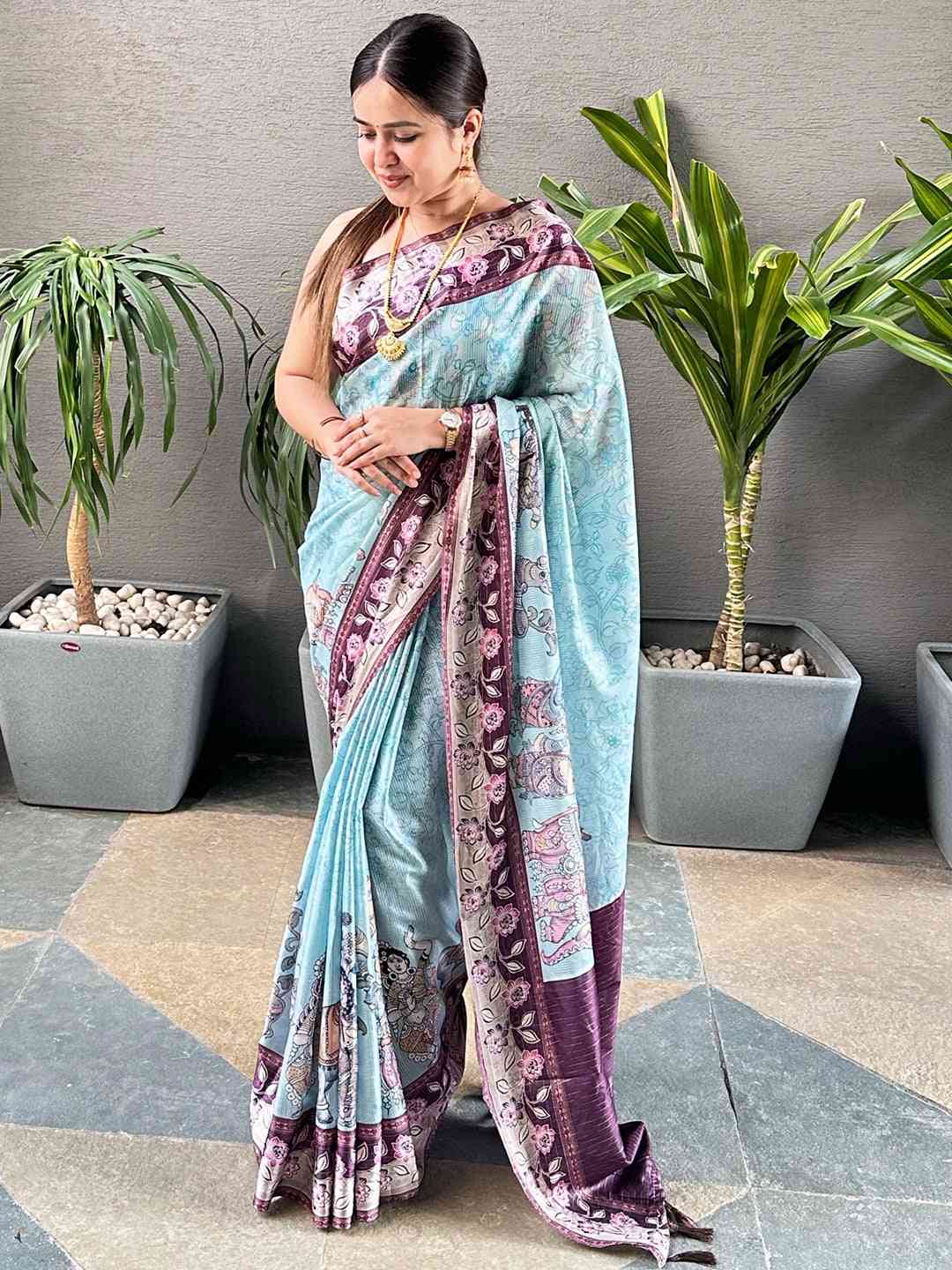 Turquoise Colour Satin Kota Doria Digital Kalamkari Zari Pallu