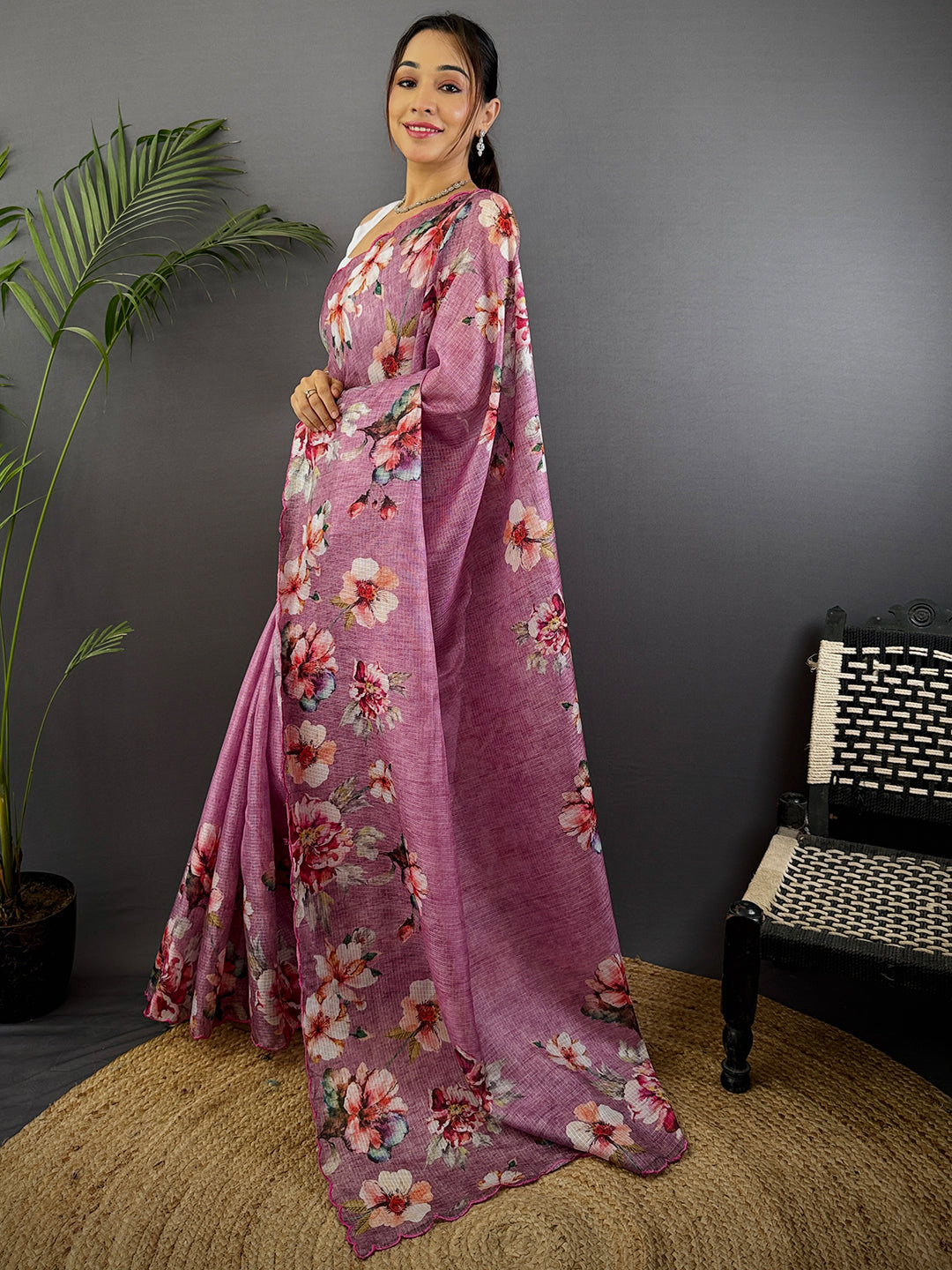 Mauve Pink Kota Floral Digital Cut Work Saree by My Store