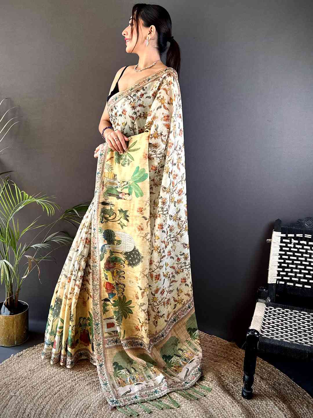 Off White Tussar Pashmina Kalamkari Saree by My Store