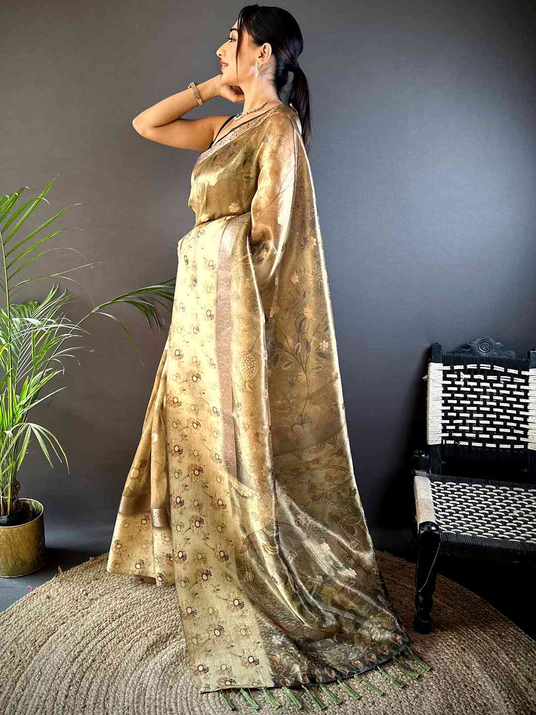 Light Pista Floral Satin Bentex Border Saree by My Store