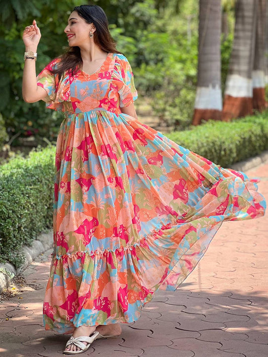 Floral Flared Multi Colour Flary Dress by My Store