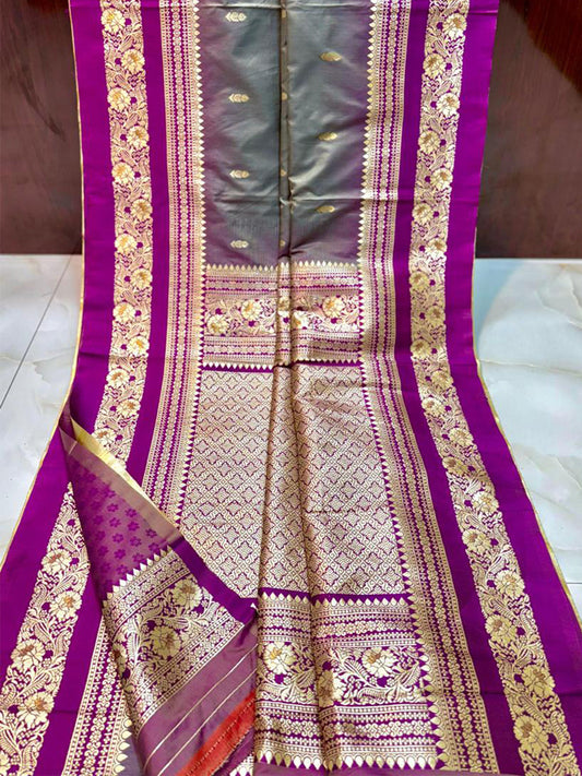 Gold Zari Woven Grey Soft Silk Saree by My Store